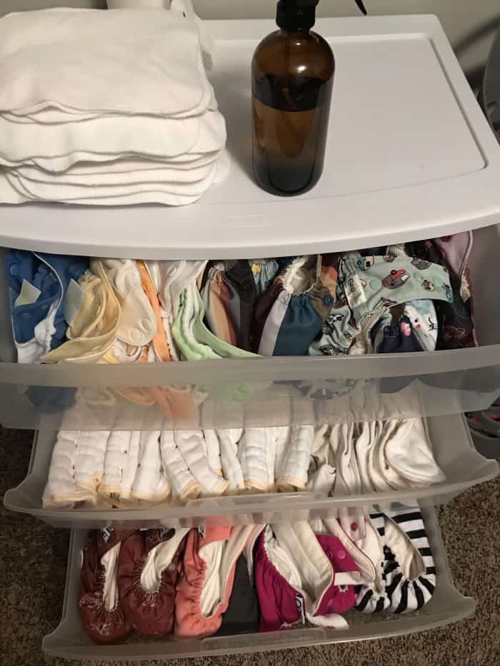 Lindsay's cloth diaper stash for diapering without laundry facilities. 